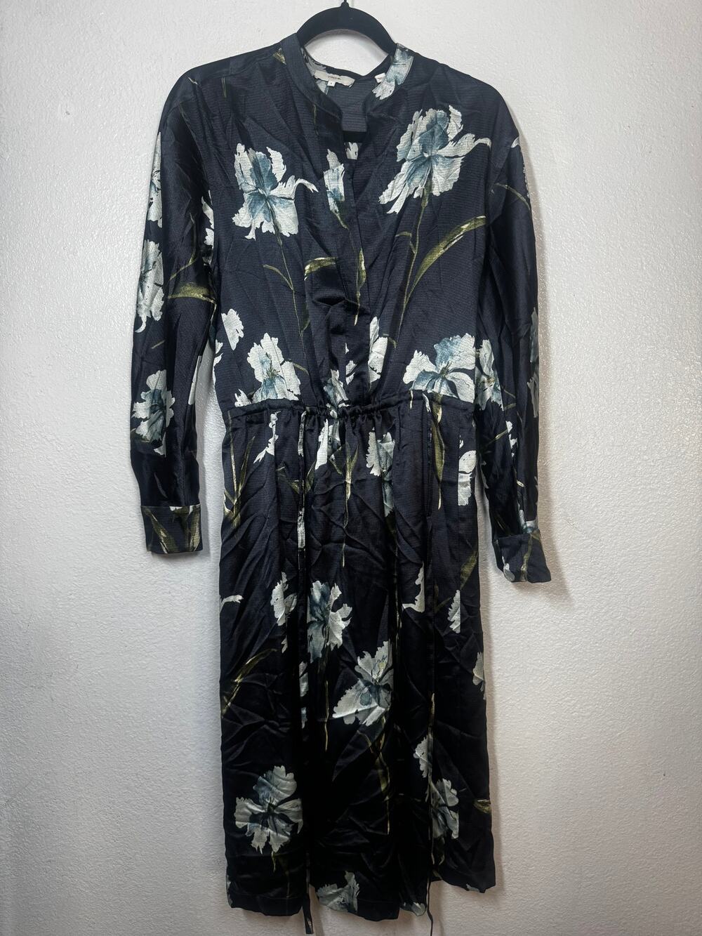 Vince Iris Dress Black Blue Floral Button Front Tie Waist Long Sleeve Sz S